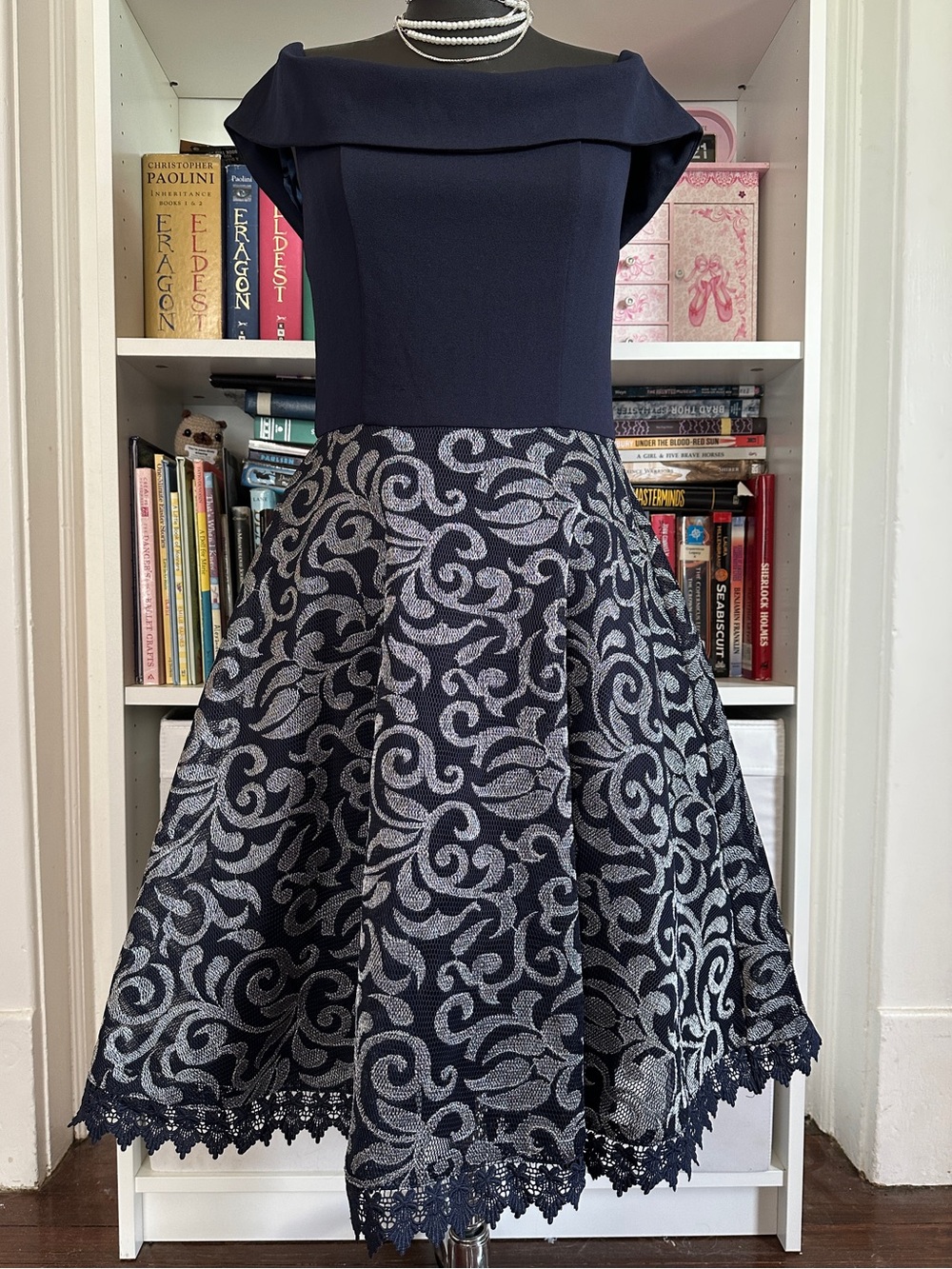 Navy Off-Shoulder Fit & Flare Dress with Silver Jacquard Skirt